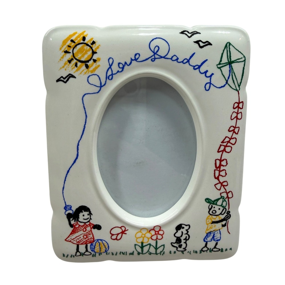 Vintage I Love Daddy Ceramic Picture Frame White Oval Child Illustration 5x4.25